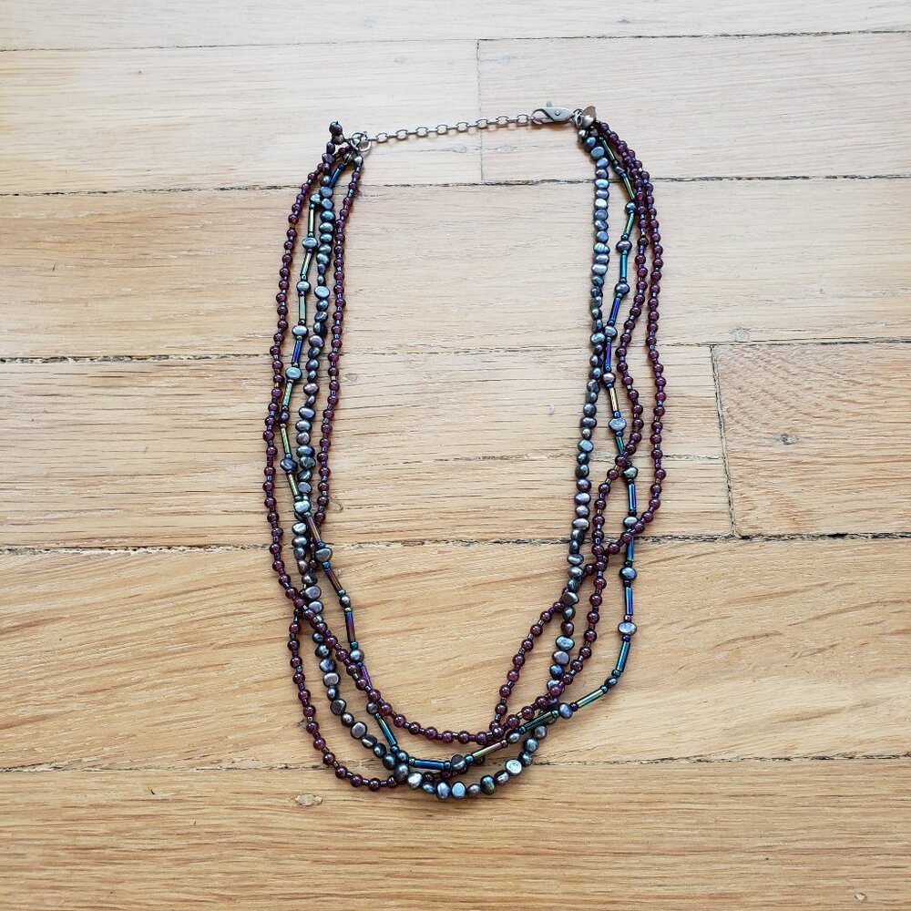 Iridescent Blue Purple Multi Strand Beaded Necklace Hook Closure